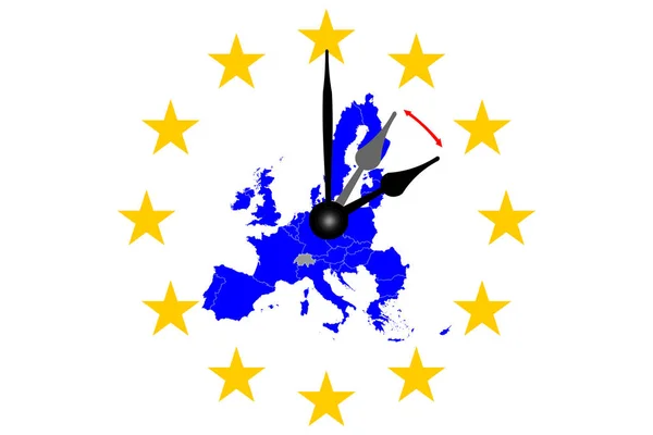 Europie Zegar Zmiana Mapy Europy Tarczą — Zdjęcie stockowe