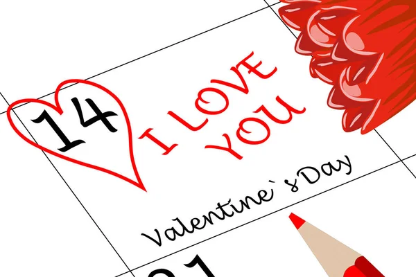 Sevgililer günü kalp çiçekler ve kalem ile seni seviyorum