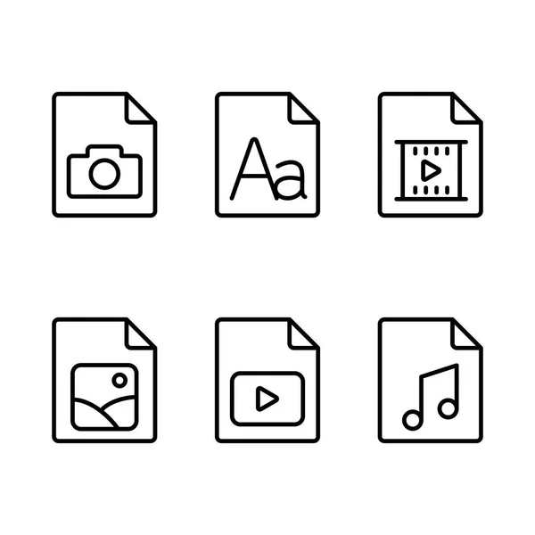 Línea multimedia, varios tipos de iconos de documentos — Archivo Imágenes Vectoriales