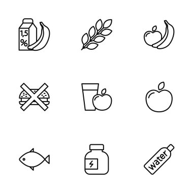 ince çizgi fitness beslenme, düşük kalorili gıda simgeleri beyaz ayarlanmış