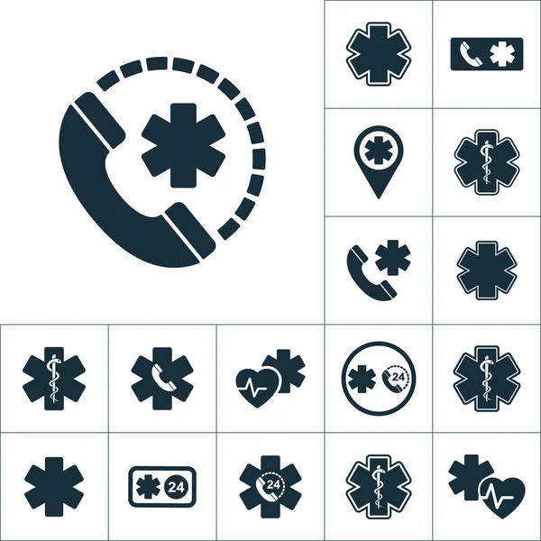 Значок телефона скорой медицинской помощи "звезда жизни", медицинский комплект на белом баке — стоковый вектор