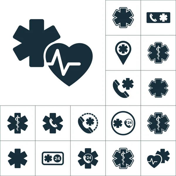 Corazón pulso médico estrella vida icono, conjunto médico en backgro blanco — Archivo Imágenes Vectoriales