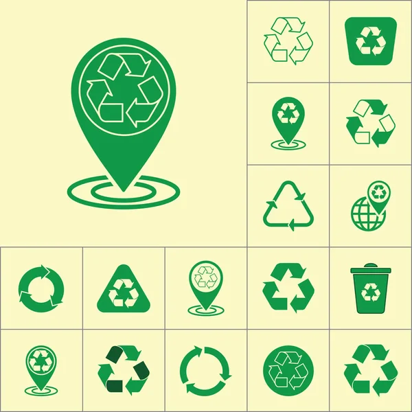 Recycle pin locatie pictogram op gele achtergrond, recycling set — Stockvector