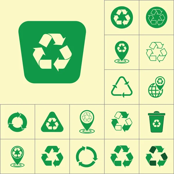 Recycling-Symbol auf gelbem Hintergrund, Recycling-Set — Stockvektor