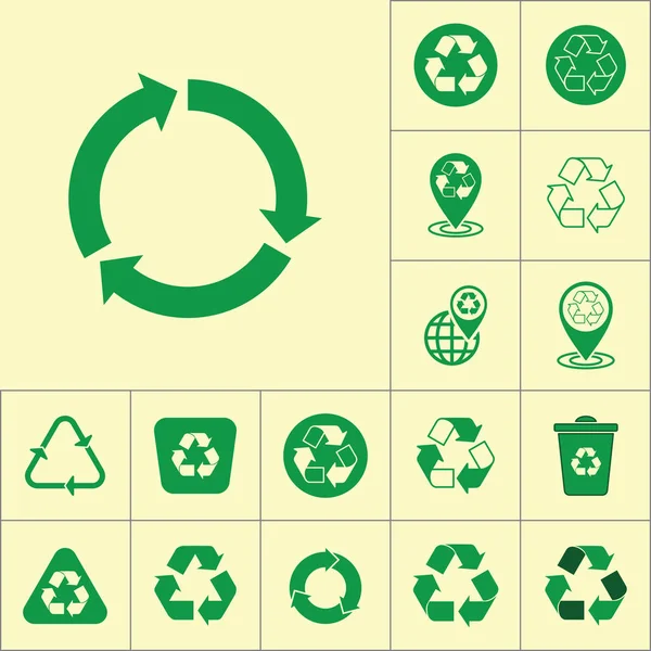 Recycling-Symbol auf gelbem Hintergrund, Recycling-Set — Stockvektor