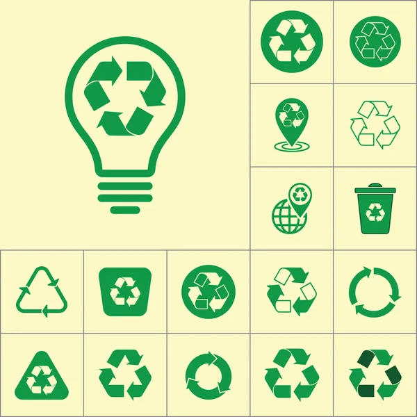 Icono de la bombilla de la lámpara de reciclaje en el fondo amarillo, conjunto de reciclaje — Vector de stock