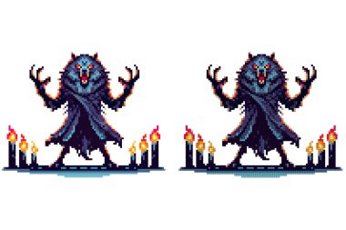 Ateşli bir kurt, titreyen mumlarla çevrili, ürkütücü bir atmosfer yaratmak için mistik bir gece ortamında karanlık ruhları çağıran tehditkar bir şekilde ayakta duruyor.