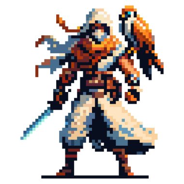 Kukuletalı pelerinli vahşi bir savaşçı, omzunda bir kuş olan bir kılıcı kendinden emin bir şekilde tutuyor. Piksel sanat, fantezi ortamında bir macera ve gizem hissi yakalar..