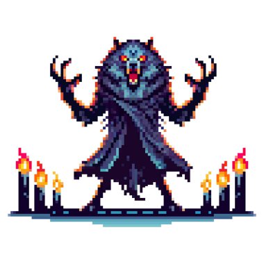 Ateşli bir kurt, titreyen mumlarla çevrili, ürkütücü bir atmosfer yaratmak için mistik bir gece ortamında karanlık ruhları çağıran tehditkar bir şekilde ayakta duruyor..