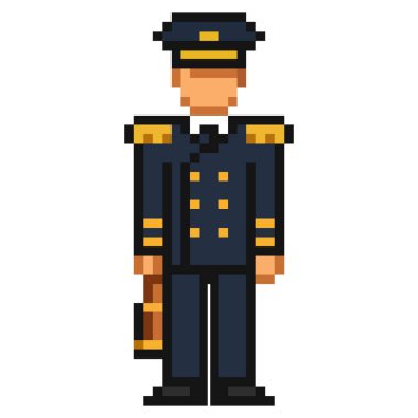 Altın aksanlı klasik donanma üniformalı bir kaptan elinde dürbün tutuyor. Piksel biçimi.