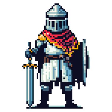 Bir piksel sanat şövalyesi, elinde bir kılıç ve kalkan tutarak güvenle ayakta duruyor. Zırhlı ve pelerinli savaşçı, fantezi dünyasında bir maceraya hazırlanıyor.