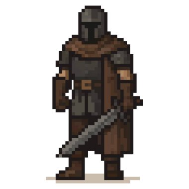 Siyah zırh ve pelerin giyen bir piksel sanat karakteri kendine güvenerek bir kılıcı kavrıyor. Savaşçı eski bir tarzda tasarlanmış, bir video oyunu teması öneriyor..