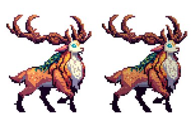 Detaylı bir piksel sanat sahnesi büyük boynuzlu büyülü bir geyiğin görkemli bir yaratığını tasvir ediyor..