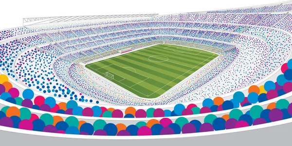 Рисунок Панорамного Вида Белый Футбольный Стадион Заполненный Красочными Людьми Белом — стоковый вектор