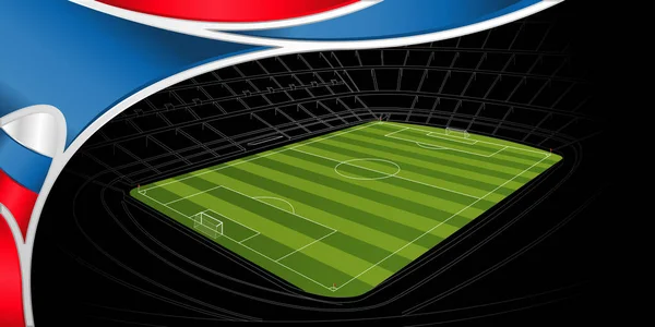 赤の色の抽象的な背景背景の黒に緑のサッカー場を有するスタジアムの図面 広いサイズ ベクトル画像 — ストックベクタ