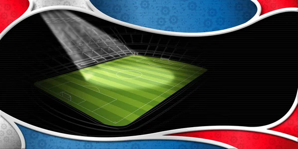 Linear drawing of football stadium at night with a spotlight shining on the center of the green field, the graphic is on a black background surrounded by a rounded frame of white, blue and red. Wide size