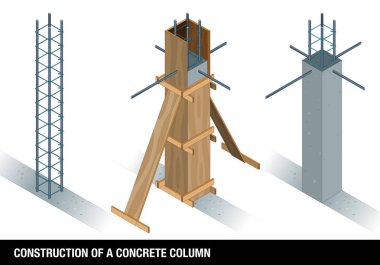 İnşaat beton sütun. Grafik, önce ve sonra beyaz bir arka plan üzerinde ahşap kalıp beton bir sütun gösterir. Vektör görüntü