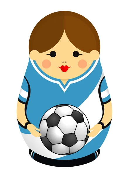 サッカー ボールを手に持ったアルゼンチンの旗の色でマトリョーシカの図面 青と白でロシアの入れ子人形 ベクトル画像 — ストックベクタ