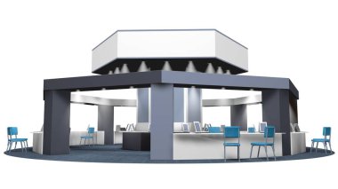 sekizgen bir fuarda satış noktası müşteriler ve satıcıların dairesel bir halı üzerinde sandalye ile 3D modeli. Beyaz arka planda gri renkler stand. Tanıtım için kare ile. 3D render