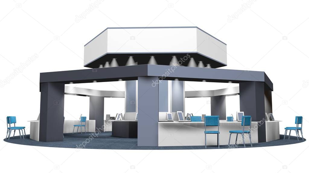 3D model of a kiosk for sales in an octagonal fair with chairs for customers and vendors on a circular carpet. Stand in gray colors on white background. With spaces for publicity. 3D rendering