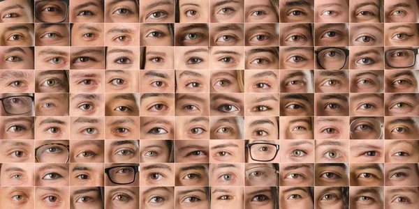 Collection of images of human eyes of men and women forming a texture. Eye background collage