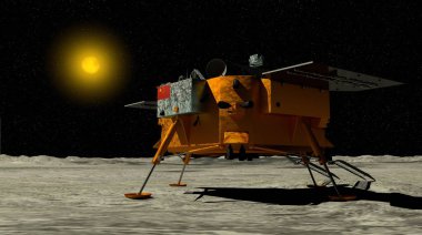 Ay sonda ile güneşin arka planda 3 Ocak 2019 ay yüzeyine indi. 3D çizim