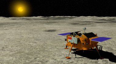 Ay sonda ile güneşin arka planda 3 Ocak 2019 ay yüzeyine indi. 3D çizim