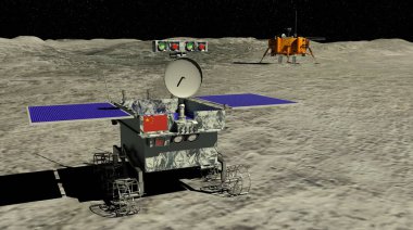 Yutu keşif Çin'in Chang e ile başlayan ay yüzey üzerinde arka planda 4 ay sonda haddeleme 2 ay rover. 3D çizim