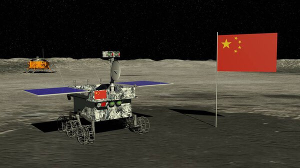 Лунный исследовательский корабль Yutu 2 катится по поверхности Луны рядом с китайским флагом с китайским зондом Chang e 4 на заднем плане. 3D иллюстрация
