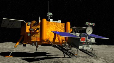 Çin'in Chang e 4 ay sonda yutu 2 ay rover soyundan güneşin arka planda ile 3 Ocak 2019 ay yüzeyine indi. 3D çizim