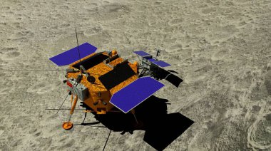 Çin'in Chang e 4 ay sonda Yutu 2 ay rover soyundan üstten görünüm 3 Ocak 2019 üzerinde ay yüzeyine indi. 3D çizim