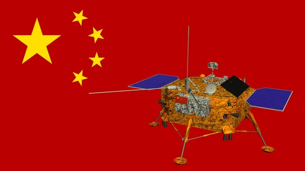 China`s Chang e 4 lunar probe landed on the surface of the moon on January 3, 2019 with the flag of china in the background. 3D illustration