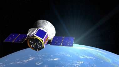 Transiting Exoplanet Survey Satellite TESS space telescope in orbit of planet Earth with moon in background. Elements of this image furnished by NASA. 3D illustration clipart