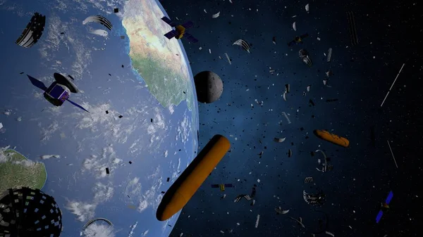 Space debris floating in the orbit of planet Earth. Old satellites, rockets of support, pieces of metal are a threat because they can collide with the new satellites. Elements of this image furnished by NASA. 3D illustration