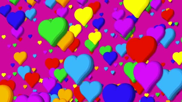 Υπόβαθρο Καρδιές Ξυλοδαρμός Επιπλέουν Πάνω Χρώματα Του Ουράνιου Τόξου Μοβ — Αρχείο Βίντεο