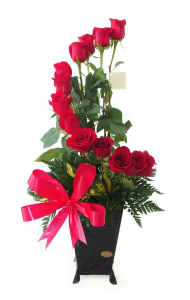 Δώρο Floral Ρύθμιση Που Έγινε Κόκκινα Τριαντάφυλλα Μακροχρόνιους Μίσχους Μέσα — Φωτογραφία Αρχείου