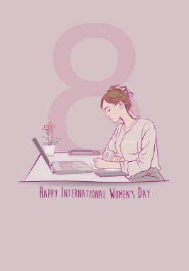Greeting Card of INTERNATIONAL WOMEN S DAY. Sketch of sitting female office worker writing in her notebook in front of her computer on pink background with copy space. Vector image clipart