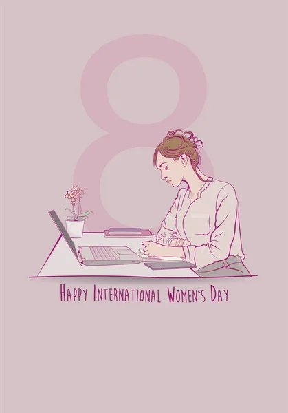グリーティング カードの国際女性の日 コピー スペースとピンクの背景に彼女のコンピューターの前に彼女はノートに書いて座っている女性事務員のスケッチ ベクトル画像 — ストックベクタ