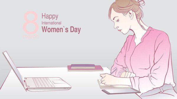Greeting Card of INTERNATIONAL WOMEN S DAY. Sketch of sitting female office worker writing in her notebook in front of her computer on gray background with copy space. Vector image
