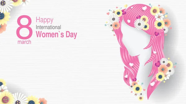 Greeting Card International Women Day Silhouette Woman Head Long Pink — Stock Vector