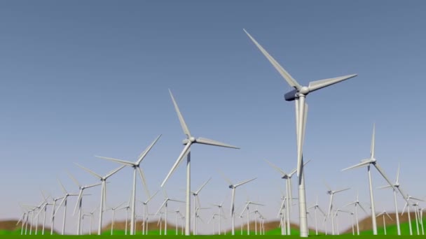 日中グリーン フィールドに風力発電所を形成するタービンのグループを介して右に左からカメラのフロントの動き アニメーション — ストック動画