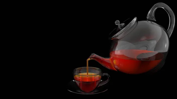 Вид Спереди Стеклянный Чайник Наполняющий Стакан Чаем Стеклянном Блюде Черном — стоковое фото