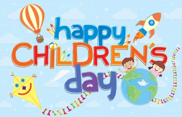 Gelukkige Kinder Dag Wenskaart Kleurrijke Letters Omringd Door Aerostatische Ballon — Stockvector