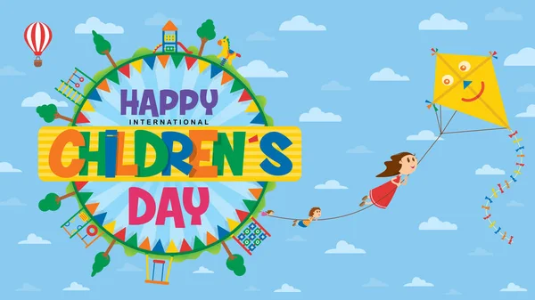 Happy International Kinder Dag Wenskaart Tekst Een Cirkel Omringd Door — Stockvector