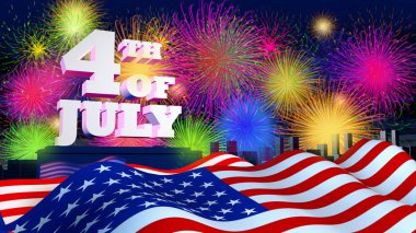 4 Temmuz beyaz ve kalın harflerle gece gökyüzü havai fişek ve ön planda ABD bayrağı dolu bir şehir arka plan üzerinde. 3d illüstrasyon