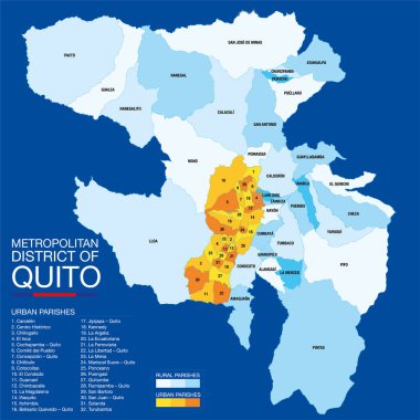 Quito Metropolitan District siyasi bölümü ile Harita mavi bir arka plan üzerinde kentsel ve kırsal bucak içerir. Vektör görüntüsü