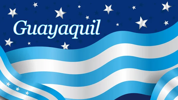 青と白の色の都市旗にグアヤキルの言葉は 白い星と濃い青色の背景に振って ベクトル画像 — ストックベクタ