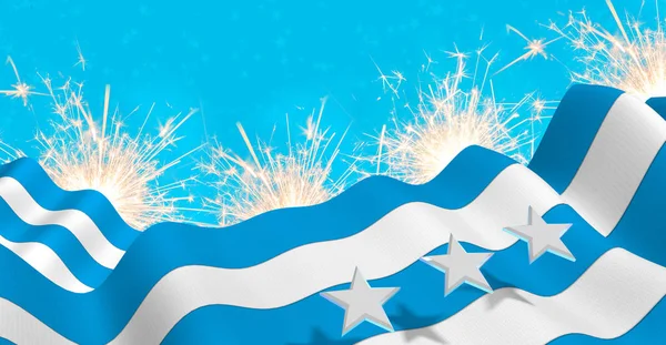 GUAYAQUIL Bandera de la ciudad de color azul y blanco ondeando sobre fuegos artificiales con estrellas blancas en fondo azul. Ilustración 3D — Foto de Stock