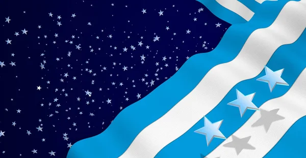 GUAYAQUIL bandeira da cidade de cor azul e branca acenando em um fundo azul escuro com estrelas brancas. Ilustração 3D — Fotografia de Stock