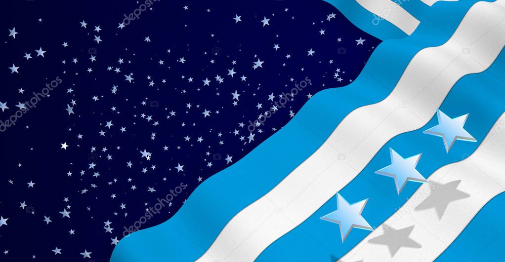 GUAYAQUIL city flag of blue and white color waving on a dark blue background with white stars. 3D Illustration